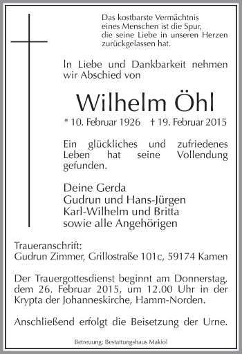 Traueranzeige von Wilhelm Öhl von MZV