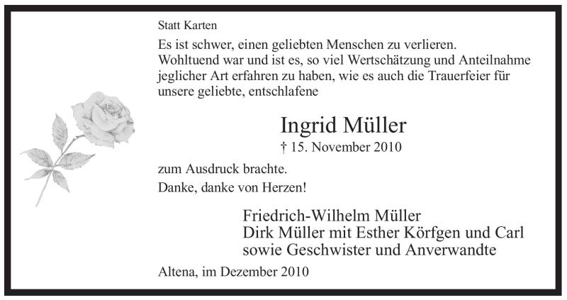  Traueranzeige für Ingrid Müller vom 04.12.2010 aus WESTFÄLISCHER ANZEIGER