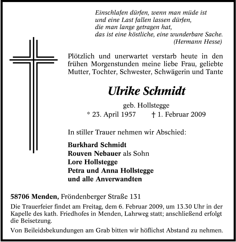  Traueranzeige für Ulrike Schmidt vom 03.02.2009 aus WESTFÄLISCHER ANZEIGER
