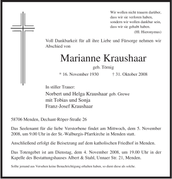 Traueranzeige von Marianne Kraushaar von WESTFÄLISCHER ANZEIGER