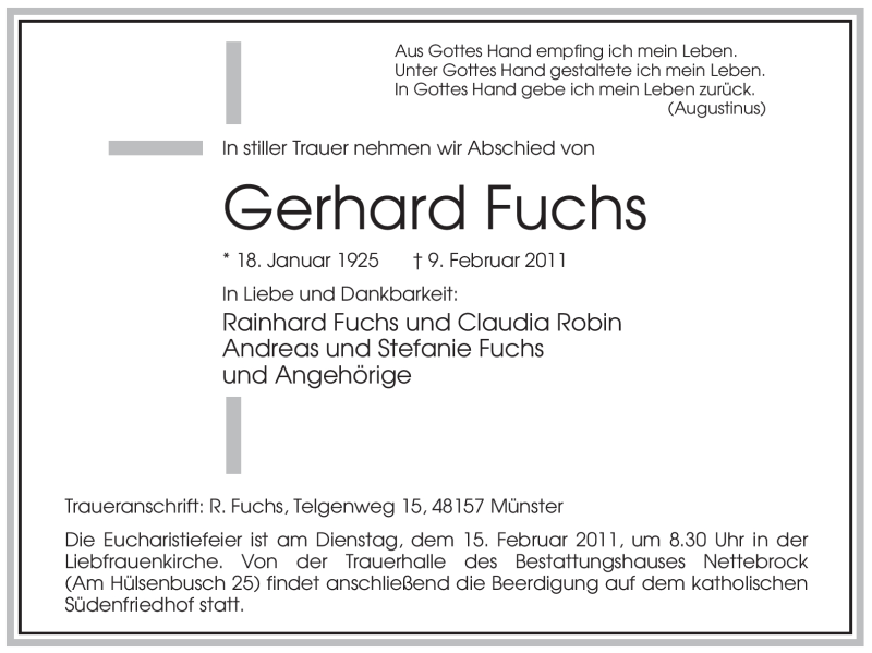  Traueranzeige für Gerhard Fuchs vom 11.02.2011 aus WESTFÄLISCHER ANZEIGER