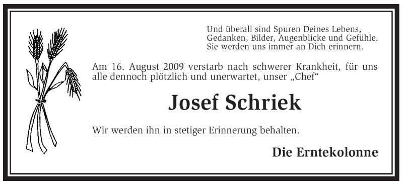  Traueranzeige für Josef Schriek vom 20.08.2009 aus WESTFÄLISCHER ANZEIGER
