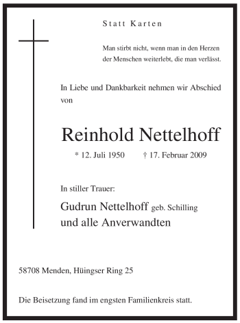 Traueranzeige von Reinhold Nettelhoff von WESTFÄLISCHER ANZEIGER