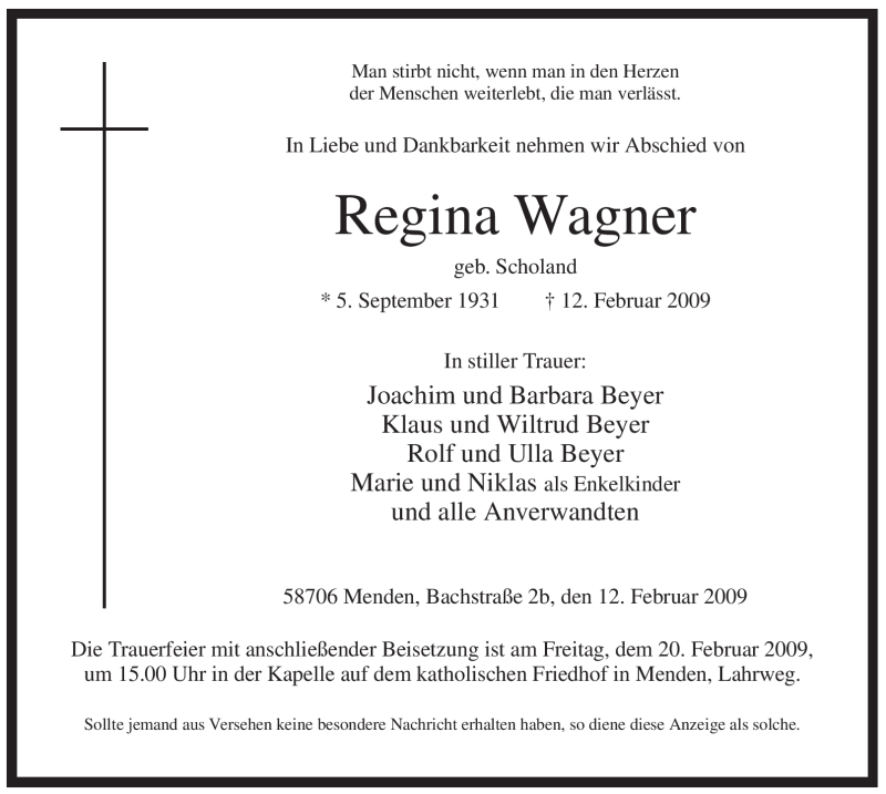  Traueranzeige für Regina Wagner vom 18.02.2009 aus WESTFÄLISCHER ANZEIGER