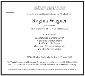 Traueranzeige von Regina Wagner von WESTFÄLISCHER ANZEIGER