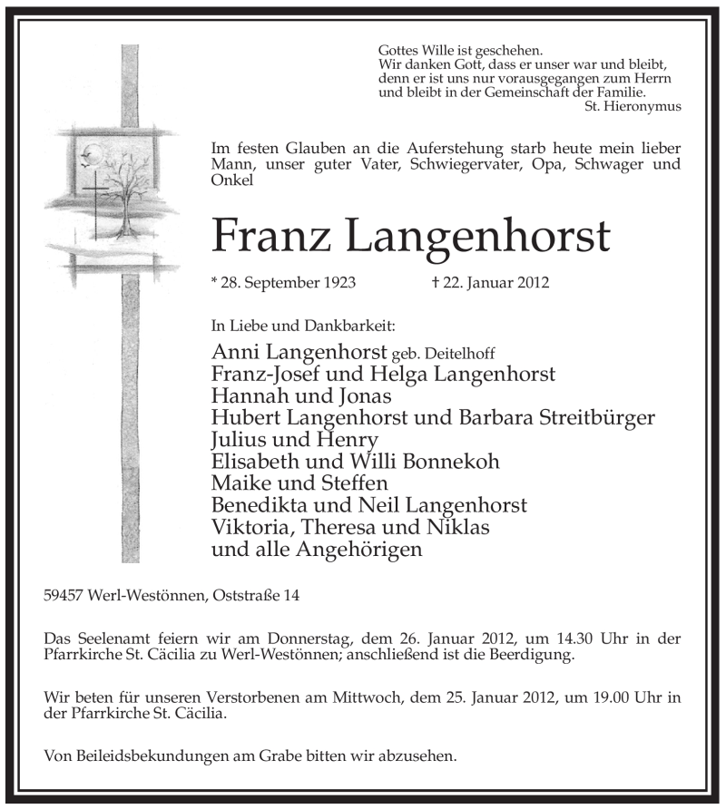  Traueranzeige für Franz Langenhorst vom 24.01.2012 aus WESTFÄLISCHER ANZEIGER