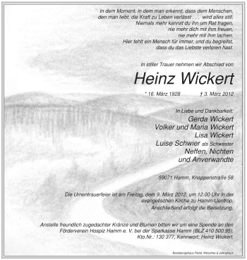 Traueranzeige von Heinz Wickert von WESTFÄLISCHER ANZEIGER