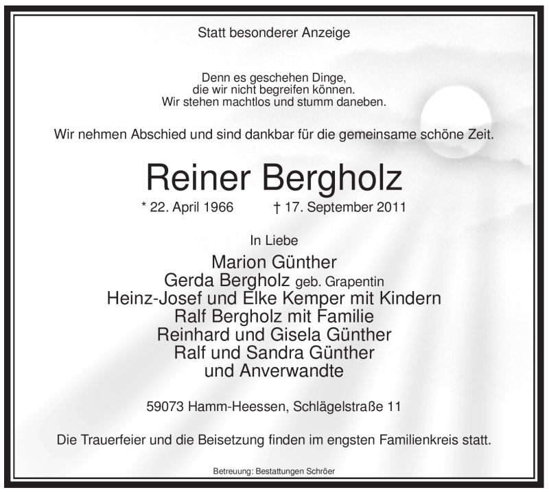  Traueranzeige für Reiner Bergholz vom 22.09.2011 aus WESTFÄLISCHER ANZEIGER