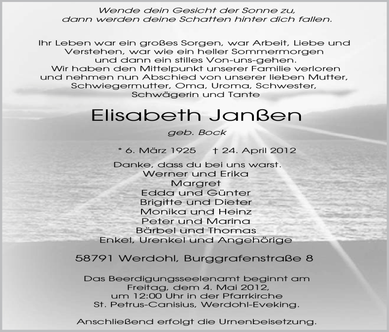 Traueranzeige für Elisabeth Janßen vom 28.04.2012 aus WESTFÄLISCHER ANZEIGER