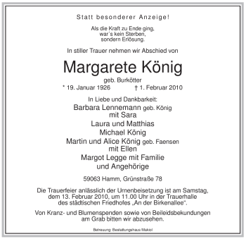 Traueranzeige von Margarete König von WESTFÄLISCHER ANZEIGER
