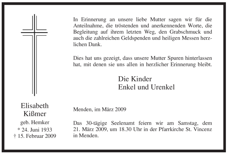  Traueranzeige für Elisabeth Kißmer vom 14.03.2009 aus WESTFÄLISCHER ANZEIGER