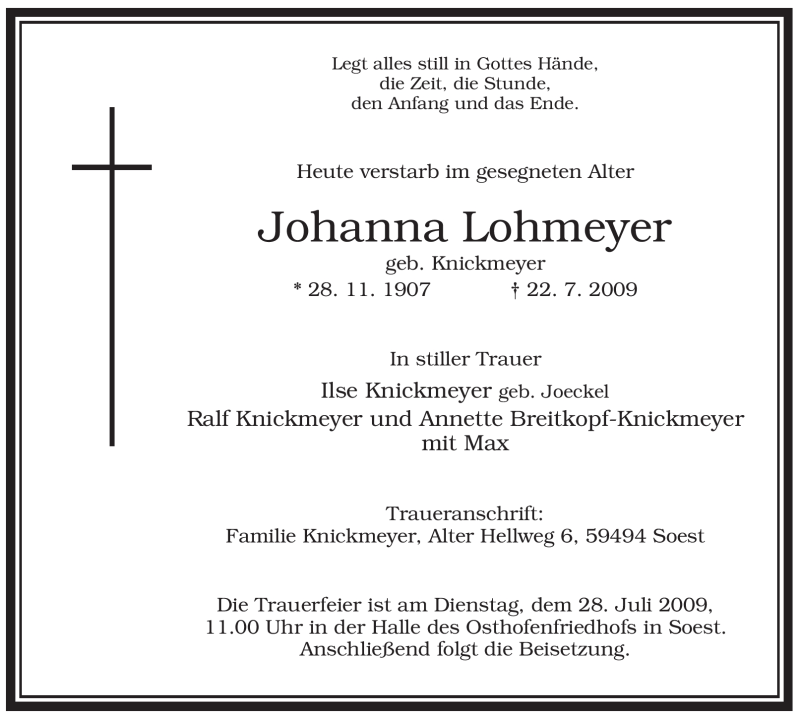  Traueranzeige für Johanna Lohmeyer vom 24.07.2009 aus WESTFÄLISCHER ANZEIGER