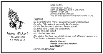 Traueranzeige von Heinz Wickert von WESTFÄLISCHER ANZEIGER