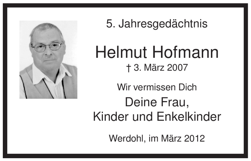  Traueranzeige für Helmut Hofmann vom 03.03.2012 aus WESTFÄLISCHER ANZEIGER