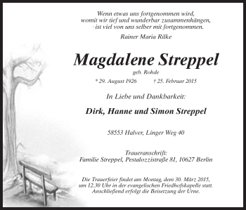 Traueranzeige von Magdalene Streppel von MZV
