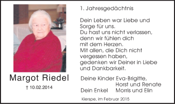 Traueranzeige von Margot Riedel von MZV
