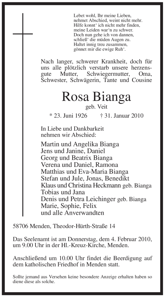  Traueranzeige für Rosa Bianga vom 03.02.2010 aus WESTFÄLISCHER ANZEIGER
