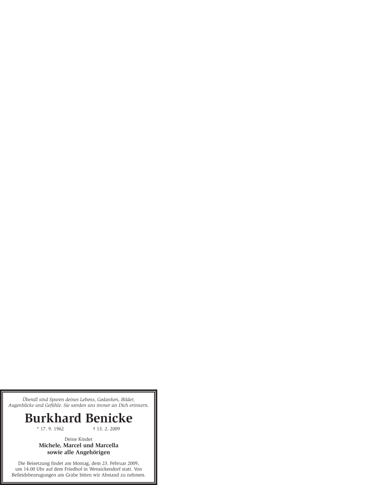 Traueranzeige für Burkhard Benicke vom 19.02.2009 aus WESTFÄLISCHER ANZEIGER