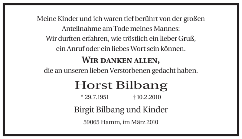  Traueranzeige für Horst Bilbang vom 13.03.2010 aus WESTFÄLISCHER ANZEIGER