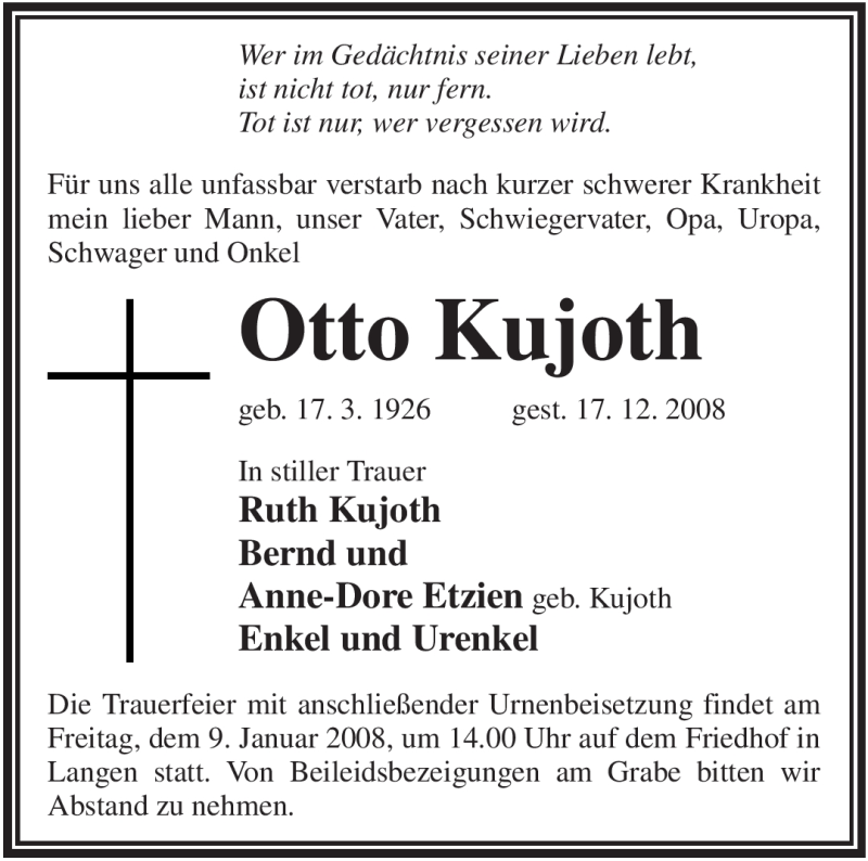  Traueranzeige für Otto Kujoth vom 20.12.2008 aus WESTFÄLISCHER ANZEIGER