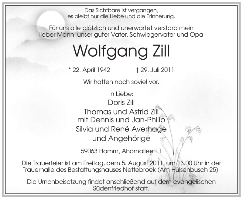  Traueranzeige für Wolfgang Zill vom 02.08.2011 aus WESTFÄLISCHER ANZEIGER