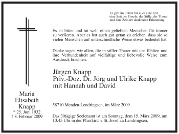 Traueranzeige von Maria Elisabeth Knapp von WESTFÄLISCHER ANZEIGER