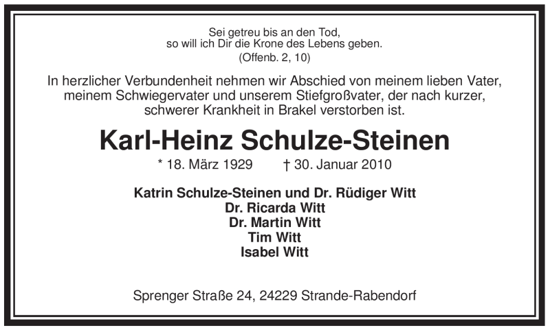  Traueranzeige für Karl Heinz Schulze-Steinen vom 02.02.2010 aus WESTFÄLISCHER ANZEIGER