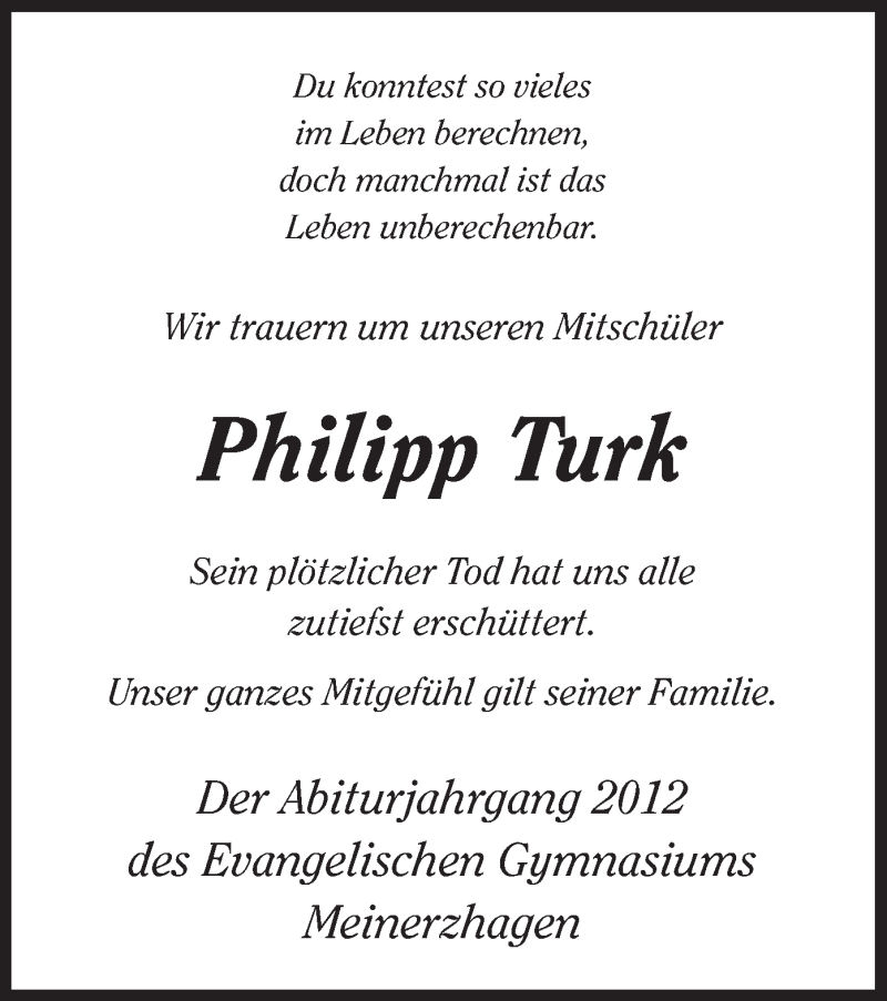  Traueranzeige für Philipp Turk vom 11.02.2015 aus MZV