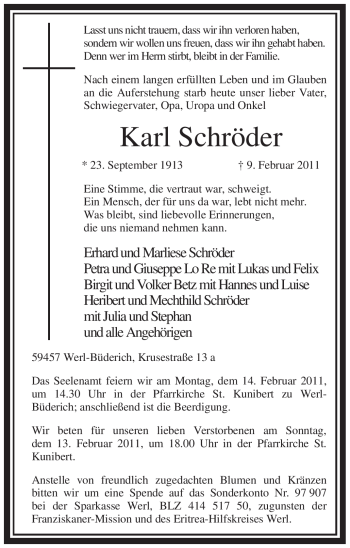 Traueranzeige von Karl Schröder von WESTFÄLISCHER ANZEIGER