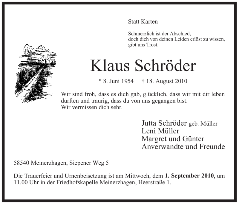  Traueranzeige für Klaus Schröder vom 21.08.2010 aus WESTFÄLISCHER ANZEIGER