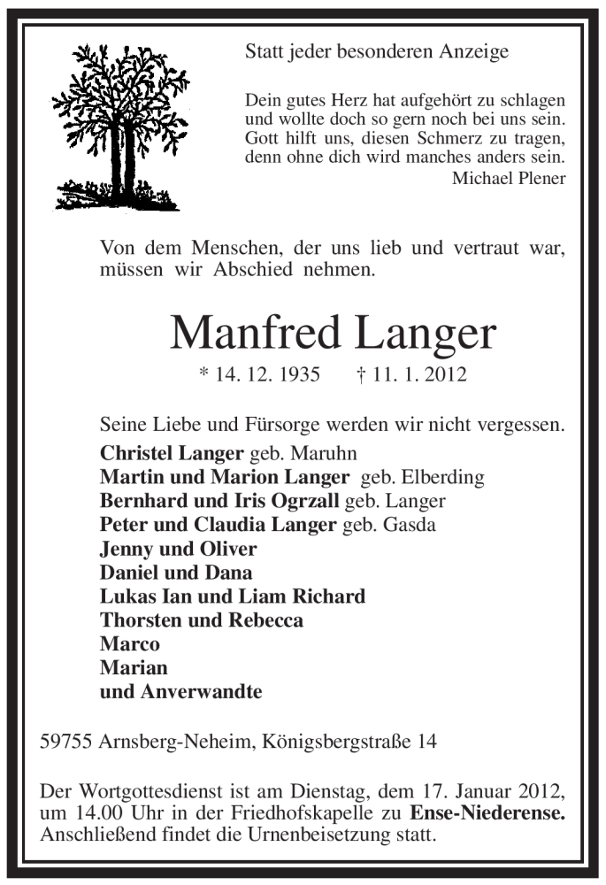  Traueranzeige für Manfred Langer vom 13.01.2012 aus WESTFÄLISCHER ANZEIGER