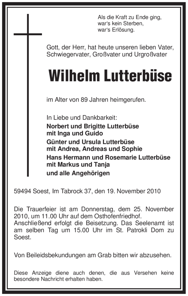  Traueranzeige für Wilhelm Lutterbüse vom 23.11.2010 aus WESTFÄLISCHER ANZEIGER