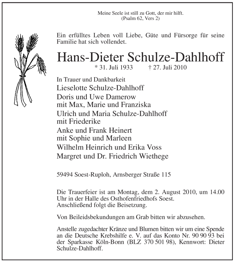  Traueranzeige für Hans-Dieter Schulze-Dahlhoff vom 29.07.2010 aus WESTFÄLISCHER ANZEIGER
