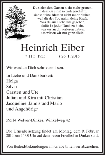 Traueranzeige von Heinrich Eiber von MZV