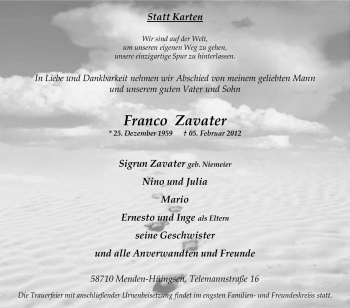 Traueranzeige von Franco Zavater von WESTFÄLISCHER ANZEIGER
