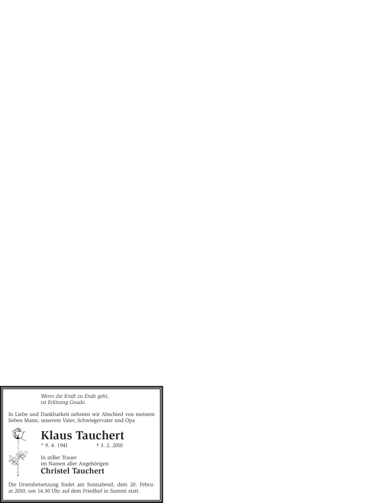  Traueranzeige für Klaus Tauchert vom 17.02.2010 aus WESTFÄLISCHER ANZEIGER