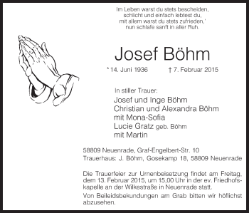 Traueranzeige von Josef Böhm von MZV