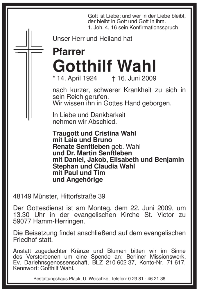  Traueranzeige für Gotthilf Wahl vom 19.06.2009 aus WESTFÄLISCHER ANZEIGER