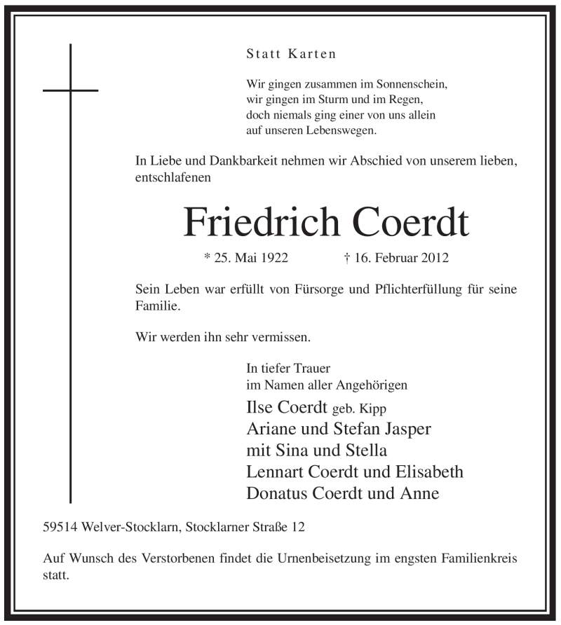  Traueranzeige für Friedrich Coerdt vom 18.02.2012 aus WESTFÄLISCHER ANZEIGER