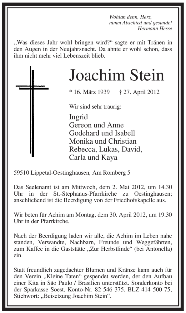  Traueranzeige für Joachim Stein vom 28.04.2012 aus WESTFÄLISCHER ANZEIGER