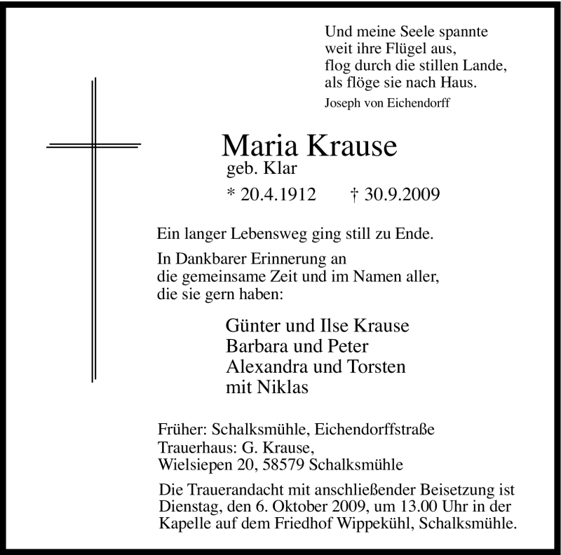  Traueranzeige für Maria Krause vom 03.10.2009 aus WESTFÄLISCHER ANZEIGER