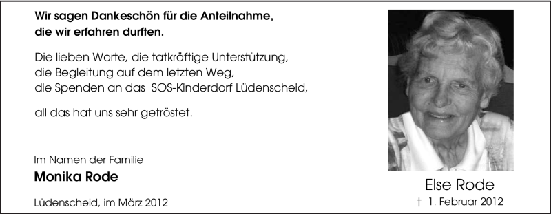  Traueranzeige für Else Rode vom 17.03.2012 aus WESTFÄLISCHER ANZEIGER