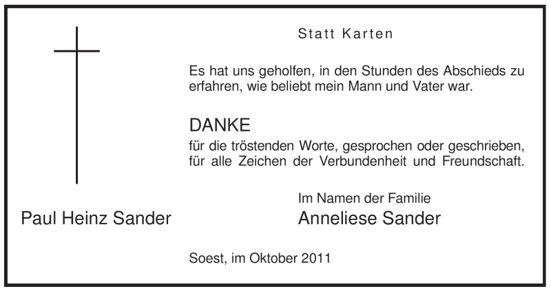  Traueranzeige für Paul Sander vom 05.10.2011 aus WESTFÄLISCHER ANZEIGER