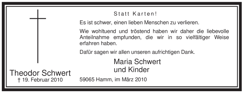  Traueranzeige für Theodor Schwert vom 13.03.2010 aus WESTFÄLISCHER ANZEIGER