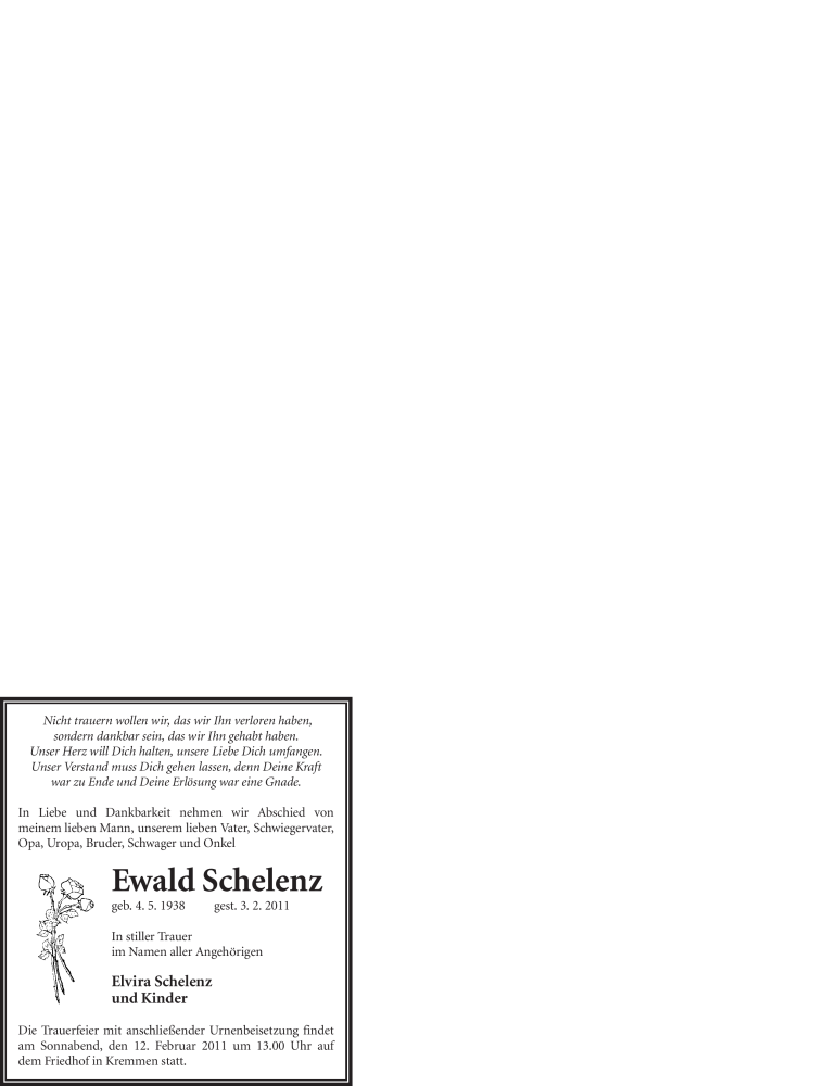  Traueranzeige für Ewald Schelenz vom 09.02.2011 aus WESTFÄLISCHER ANZEIGER