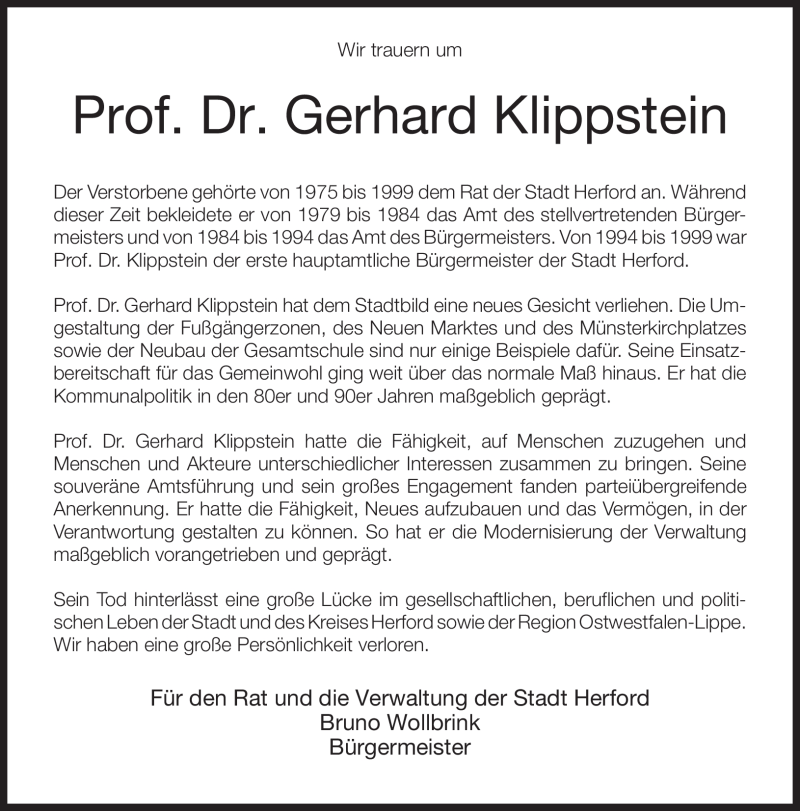  Traueranzeige für Gerhard Klippstein vom 07.01.2010 aus WESTFÄLISCHER ANZEIGER