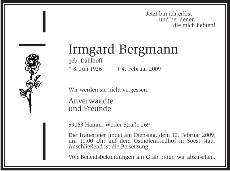  Traueranzeige für Irmgard Bergmann vom 07.02.2009 aus WESTFÄLISCHER ANZEIGER