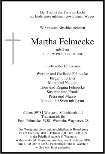 Traueranzeige von Martha Felmecke von WESTFÄLISCHER ANZEIGER