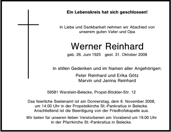 Traueranzeige von Werner Reinhard von WESTFÄLISCHER ANZEIGER