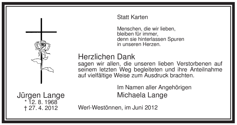  Traueranzeige für Jürgen Lange vom 23.06.2012 aus WESTFÄLISCHER ANZEIGER